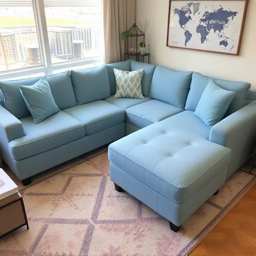 Large, comfortable sectional sofa with chaise lounge in a light blue fabric