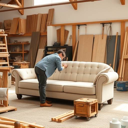 Skilled craftsman assembling a sofa frame in a workshop