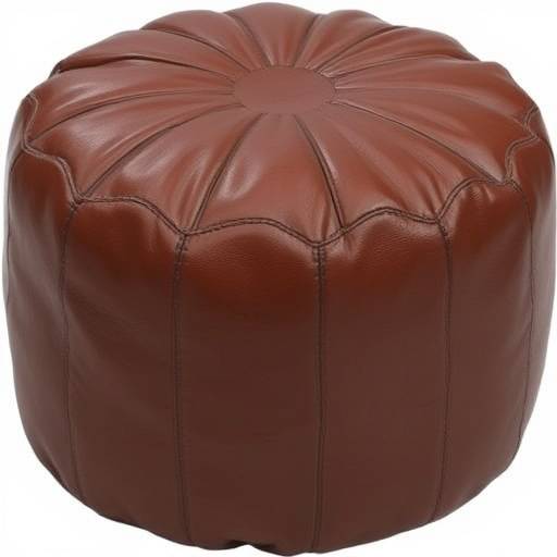 Small, round leather pouf in a rich brown color